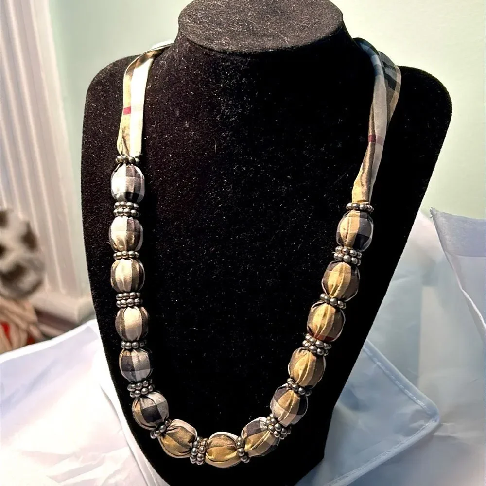 Hand Made Ribbon covered bead necklace with bead accent